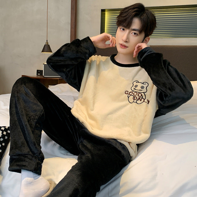 Men’s Coral Fleece Winter Pajamas – Thickened Flannel Lined Long-Sleeve Top & Trousers | Warm Homewear Suit