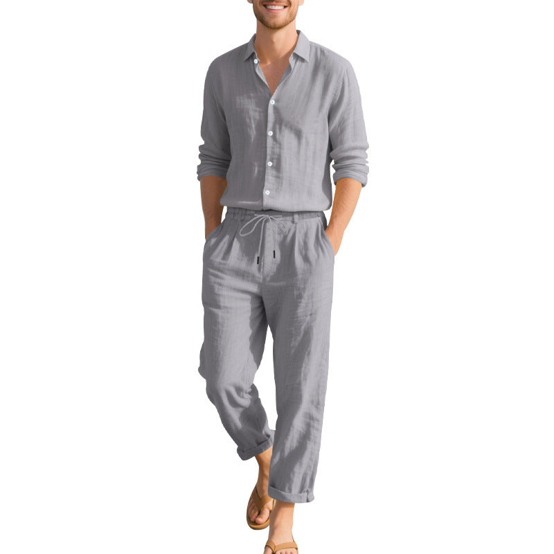 Loose Casual Long Sleeves Shirt and Trousers Two-Piece Set for Men – Lightweight Linen Outfit