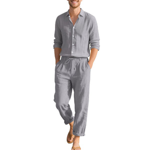 Loose Casual Long Sleeves Shirt and Trousers Two-Piece Set for Men – Lightweight Linen Outfit