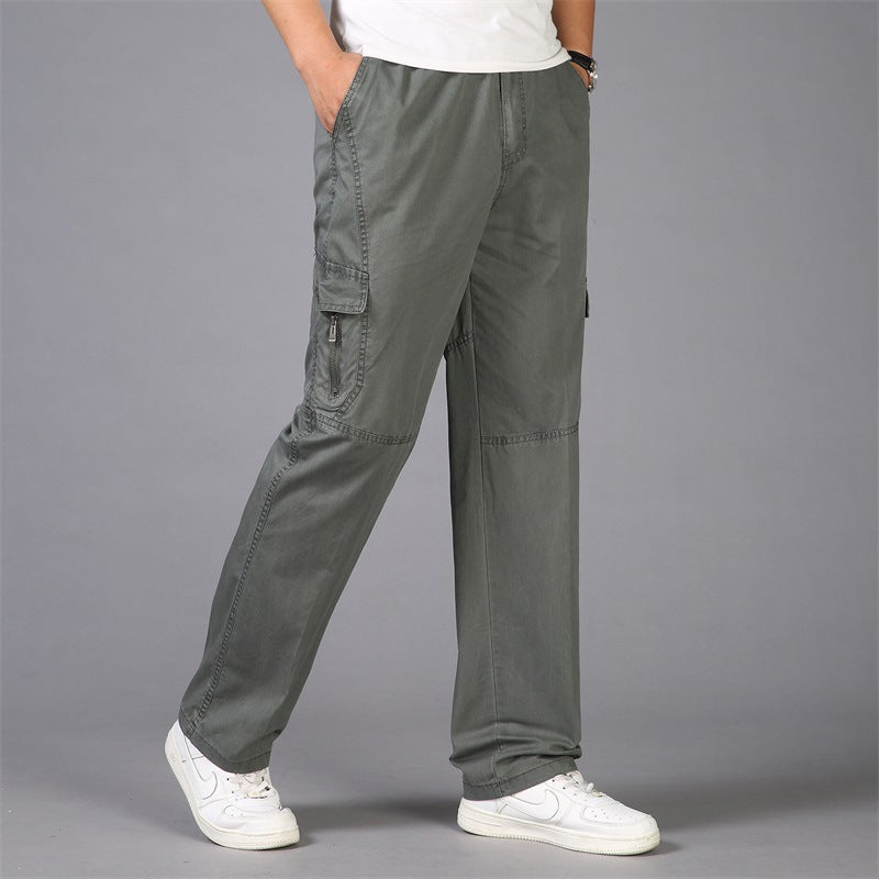 Men’s Korean Style Thin Fat Pants – Loose Straight Leg, Multi-Pocket, Cotton Trousers for Casual and Outdoor Wear