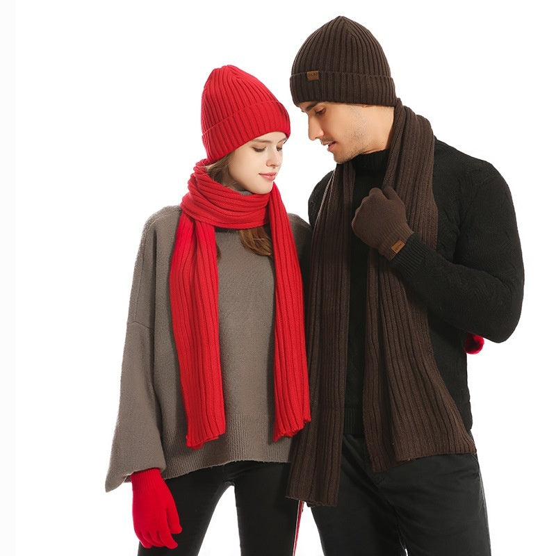 Men & Women Wool Hat Scarf Gloves Set – Thickened Knitted Winter Warm Three-Piece Set | Solid Color