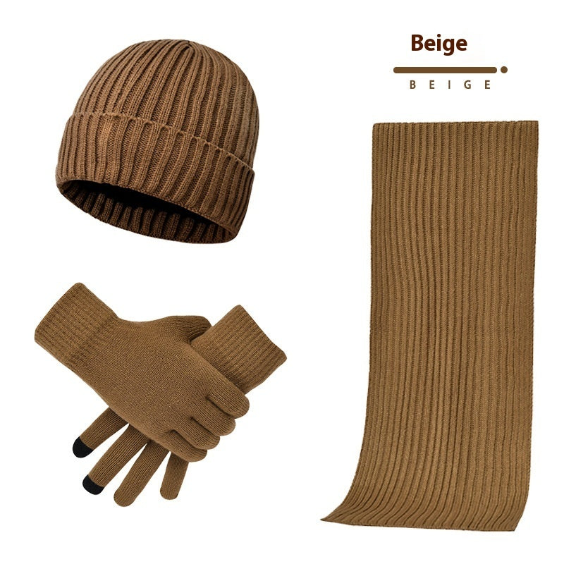 Men & Women Wool Hat Scarf Gloves Set – Thickened Knitted Winter Warm Three-Piece Set | Solid Color