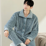 Men’s Coral Fleece Cardigan Pajamas – Long Sleeve Homewear Set, Warm and Comfortable for Winter and All Seasons
