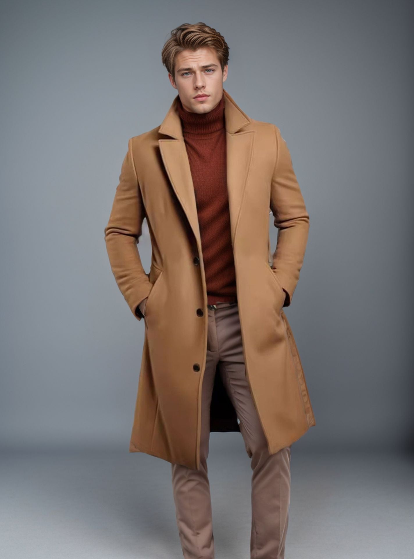 Men's Mid-Length Trench Coat | Slim Fit Fall Winter Business Casual Overcoat | Stylish Single-Breasted Jacket