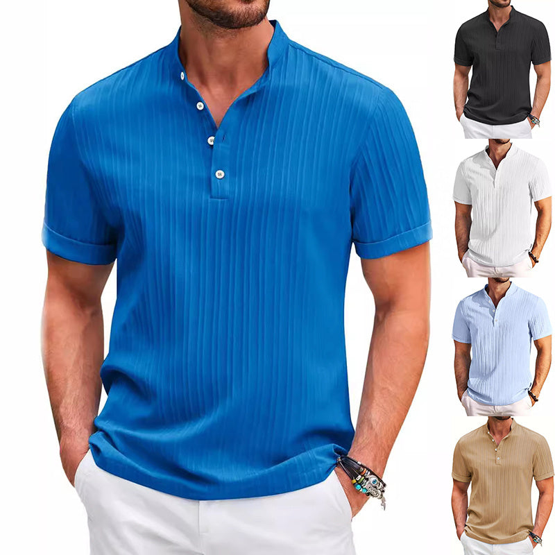 Summer Stand Collar Polo Shirt for Men – Casual Short Sleeve Solid Color Stripe T-Shirt for Beach & Daily Wear