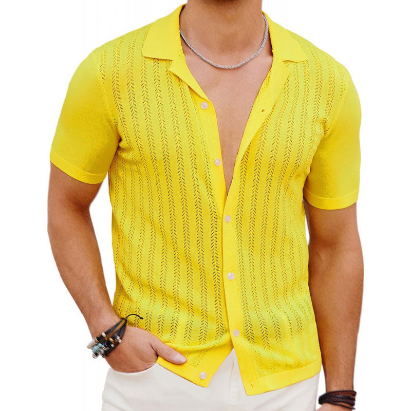 Summer Cool Hollow Men’s Shirt | Lightweight Breathable Short Sleeve Cardigan Top