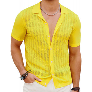 Summer Cool Hollow Men’s Shirt | Lightweight Breathable Short Sleeve Cardigan Top