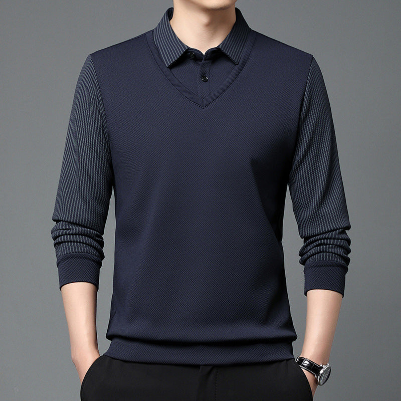 Men’s Business Casual Fake Two-Piece Striped Sleeve T-Shirt – Comfortable Polyester Blend for Daily Leisure