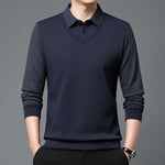 Men’s Business Casual Fake Two-Piece Striped Sleeve T-Shirt – Comfortable Polyester Blend for Daily Leisure
