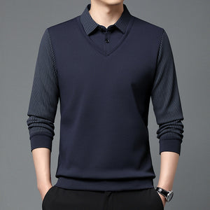 Men’s Business Casual Fake Two-Piece Striped Sleeve T-Shirt – Comfortable Polyester Blend for Daily Leisure