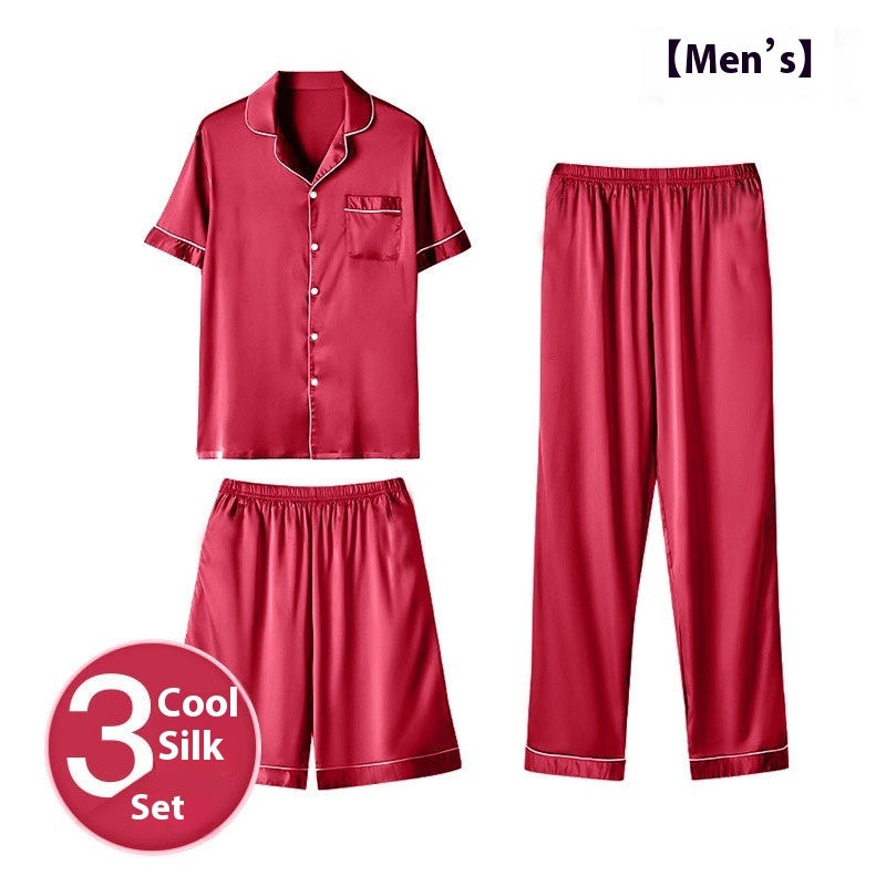 Men’s Ice Silk Homewear Three-Piece Suit – Lightweight Pajamas with Shorts and Trousers for Comfortable Relaxation