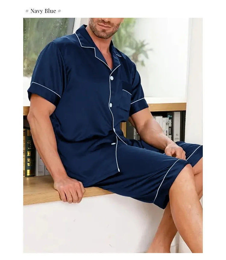 Men's Summer Satin Lapel Homewear Set – Thin Breathable Short-Sleeved Sleepwear Suit for Cool Comfort