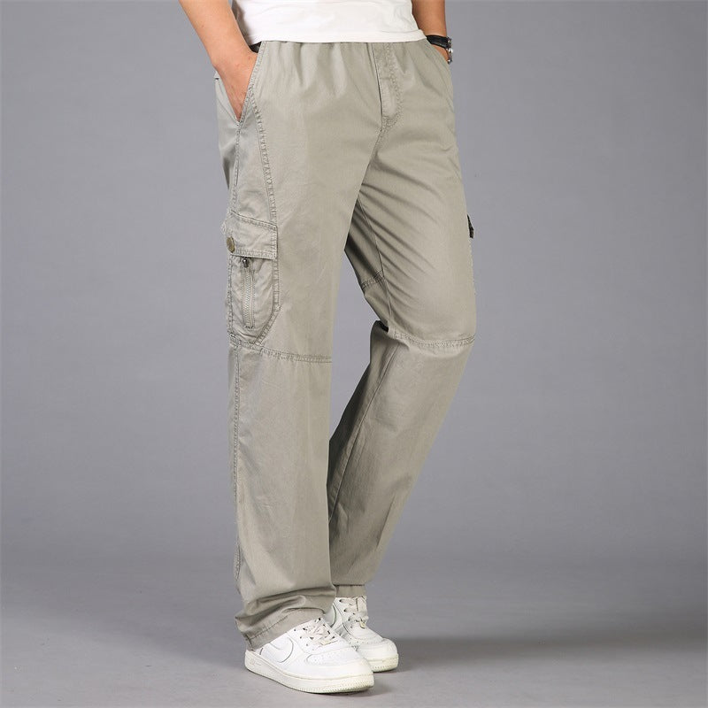 Men’s Korean Style Thin Fat Pants – Loose Straight Leg, Multi-Pocket, Cotton Trousers for Casual and Outdoor Wear