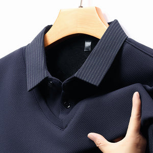 Men’s Business Casual Fake Two-Piece Striped Sleeve T-Shirt – Comfortable Polyester Blend for Daily Leisure