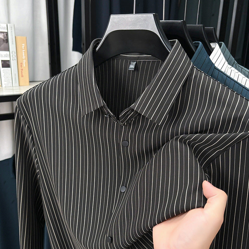 Men’s Spring & Autumn Vertical Striped Shirt – Casual Long Sleeve Cardigan Style for Daily Wear