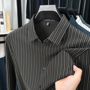 Men’s Spring & Autumn Vertical Striped Shirt – Casual Long Sleeve Cardigan Style for Daily Wear