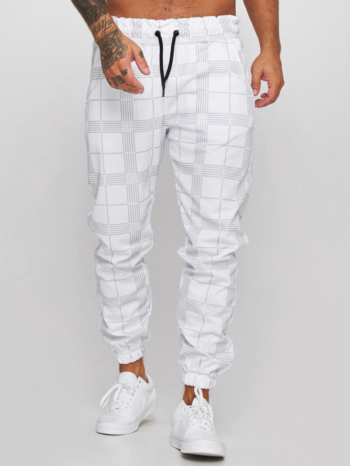 Checkered 3D Digital Print Casual Pants – Men’s Cotton Tapered Plaid Trousers for Everyday Streetwear