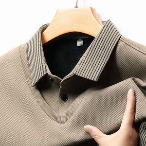 Men’s Business Casual Fake Two-Piece Striped Sleeve T-Shirt – Comfortable Polyester Blend for Daily Leisure