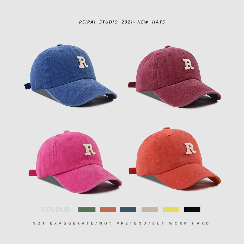 Washed Letter R Baseball Cap – Casual Cotton Patch Sun Hat for Men & Women | Breathable Adjustable Dome Cap