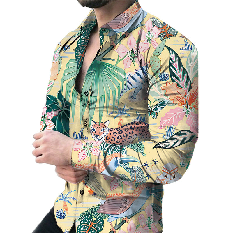 Men’s Casual Long Sleeve Floral Shirt – Lightweight Printed Cardigan Style Lapel Top for Daily Wear