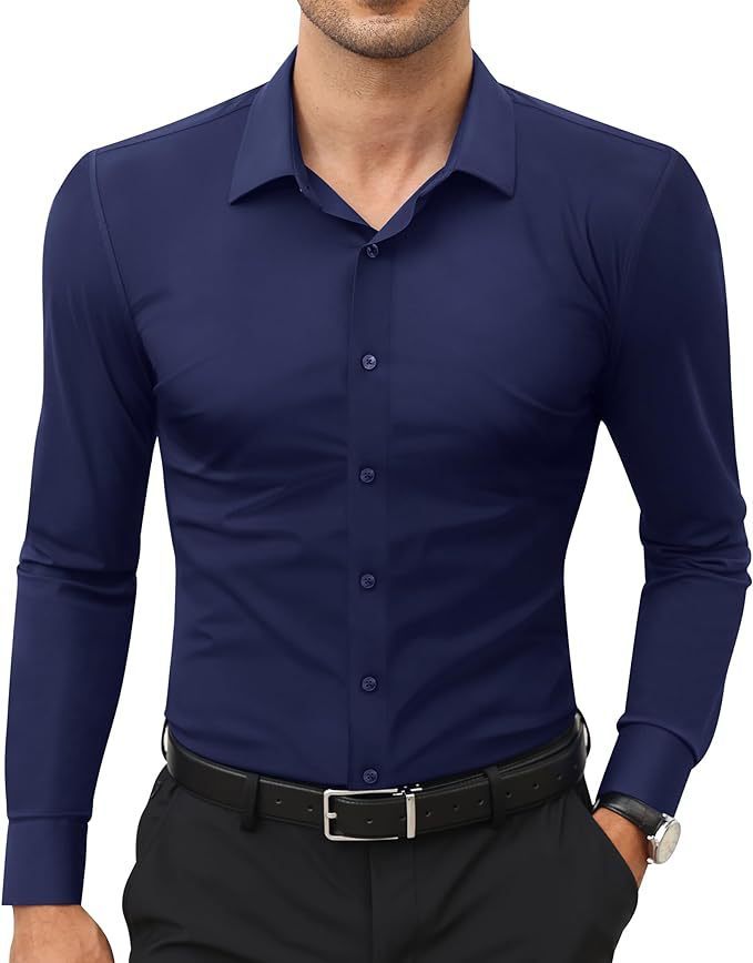 Men’s Full Elastic Long Sleeve Shirt – Simple Solid Color Stretch Cardigan for Daily Wear