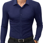 Men’s Full Elastic Long Sleeve Shirt – Simple Solid Color Stretch Cardigan for Daily Wear