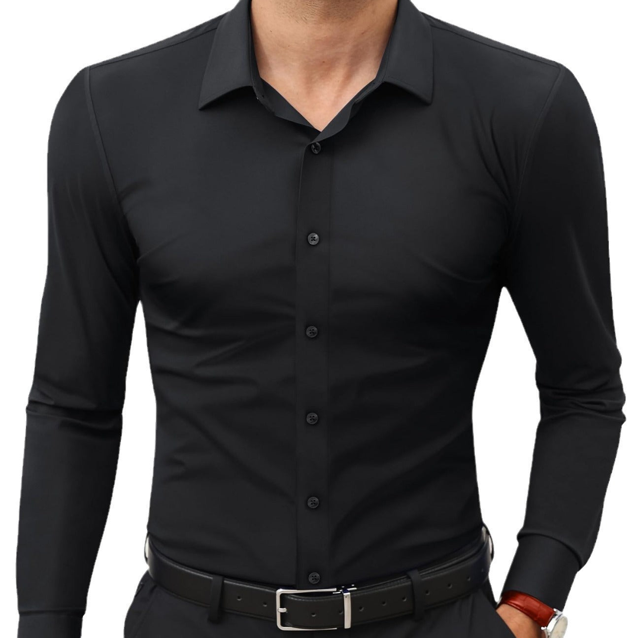 Men’s Full Elastic Long Sleeve Shirt – Simple Solid Color Stretch Cardigan for Daily Wear