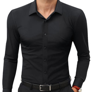 Men’s Full Elastic Long Sleeve Shirt – Simple Solid Color Stretch Cardigan for Daily Wear