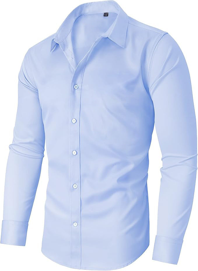 Men’s Full Elastic Long Sleeve Shirt – Simple Solid Color Stretch Cardigan for Daily Wear