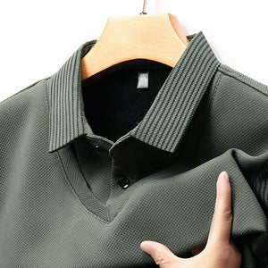Men’s Business Casual Fake Two-Piece Striped Sleeve T-Shirt – Comfortable Polyester Blend for Daily Leisure