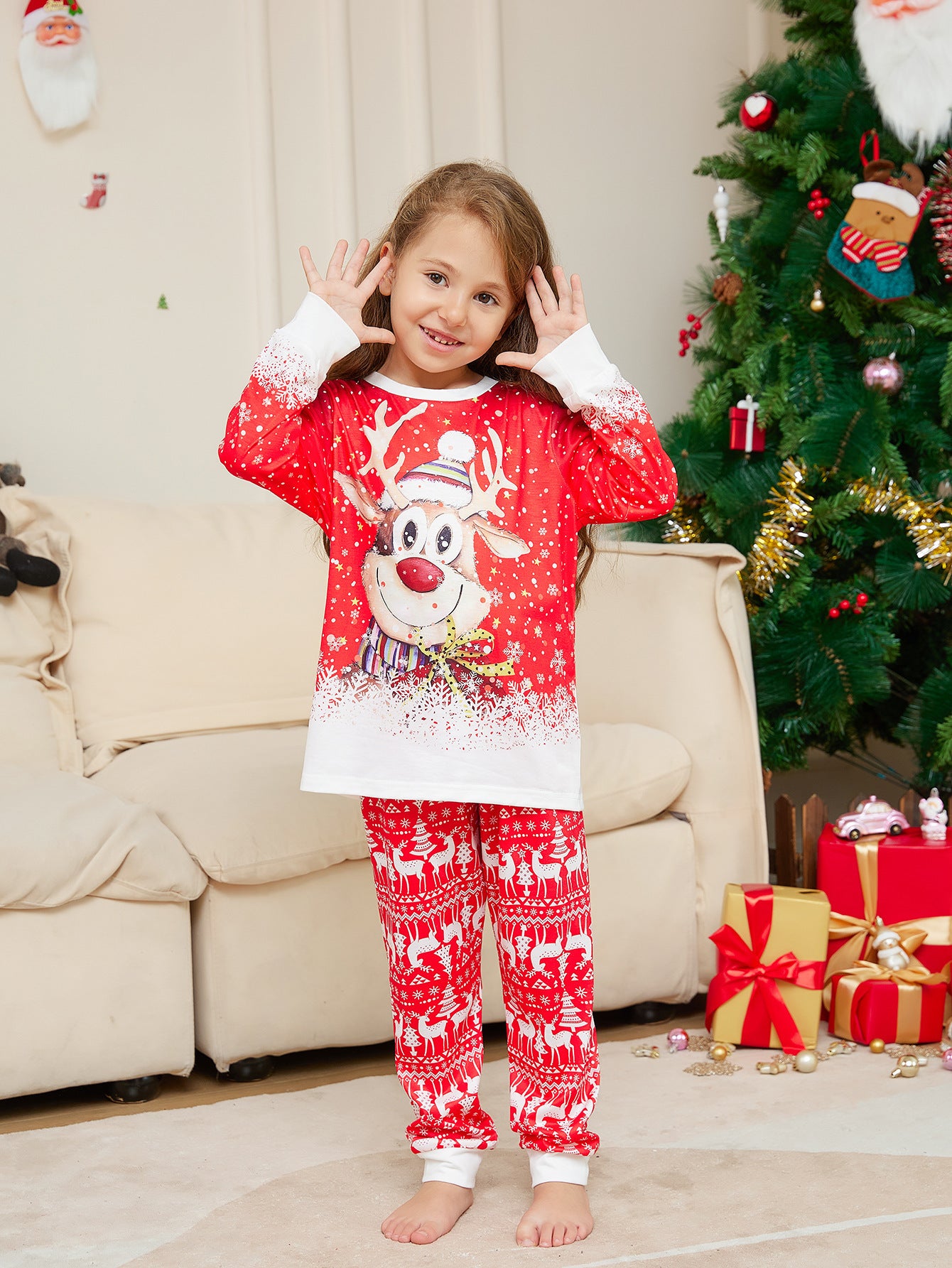 Cartoon Deer Snowflake Family Dress – Cute Random Print Pajamas | European & American Style Parent-Child Outfit