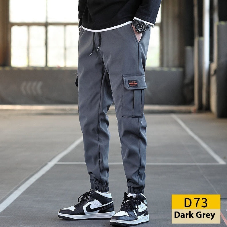 Men's Loose Multi-pocket Work Pants – Solid Color Wear-resistant Ankle Banded Trousers