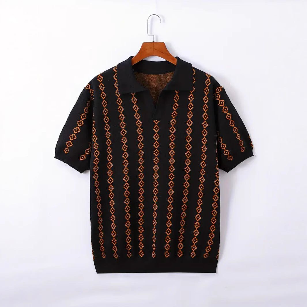 Men’s Knitted Striped Polo Shirt | Lapel Half Sleeve Jacquard T-shirt for Summer