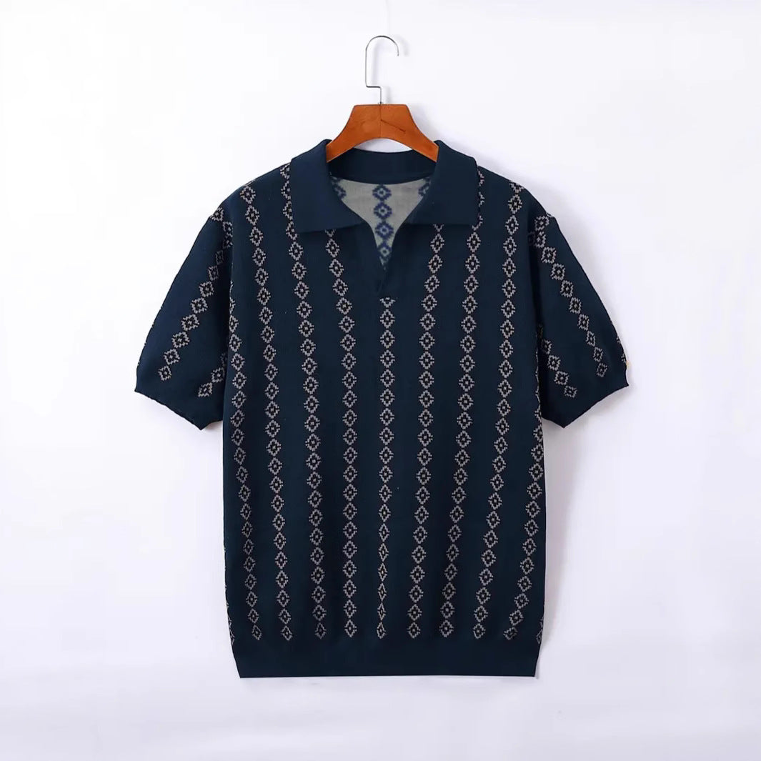 Men’s Knitted Striped Polo Shirt | Lapel Half Sleeve Jacquard T-shirt for Summer