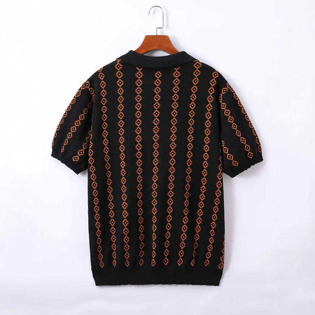 Men’s Knitted Striped Polo Shirt | Lapel Half Sleeve Jacquard T-shirt for Summer