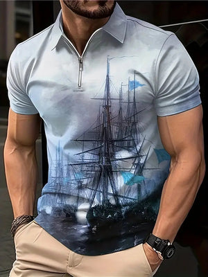 Men’s Printed Breathable Polo Shirt – Stylish Zipper Design Streetwear Top for All Seasons
