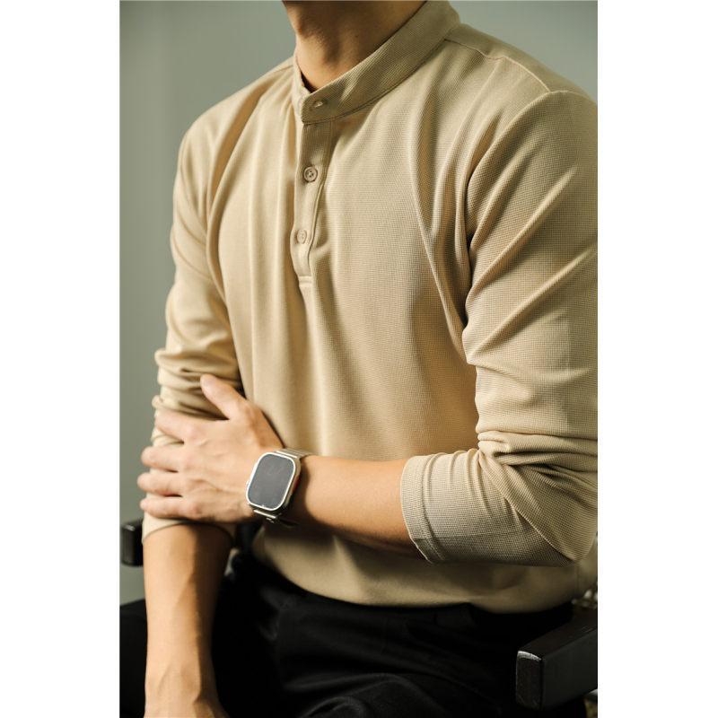 Men’s Long Sleeve Ice Silk Polo Shirt – Slim Fit Solid Color Fitness Base Top for Autumn