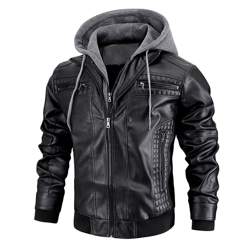 Men’s Hooded PU Leather Jacket – Warm Zipper Pockets Fashion Coat for Winter Daily Wear