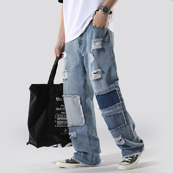 Men’s Ins French Overalls – Baggy Daddy Pants, Hand-Painted Denim, Straight-Leg Casual Trousers, Sizes M-3XL