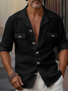 Men’s Linen Casual Shirt – Spring & Autumn Tailored Collar Button Pocket Top for Everyday Fashion