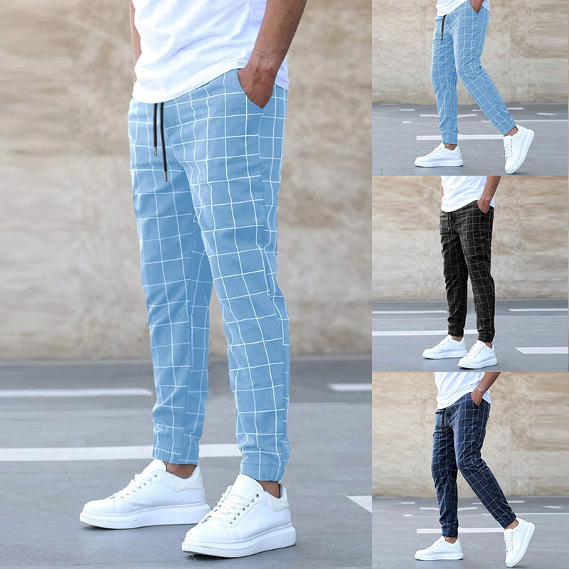 Men’s Fashion Plaid Print Pants – Casual Straight-Leg Trousers with Drawstring for Comfortable Spring Wear