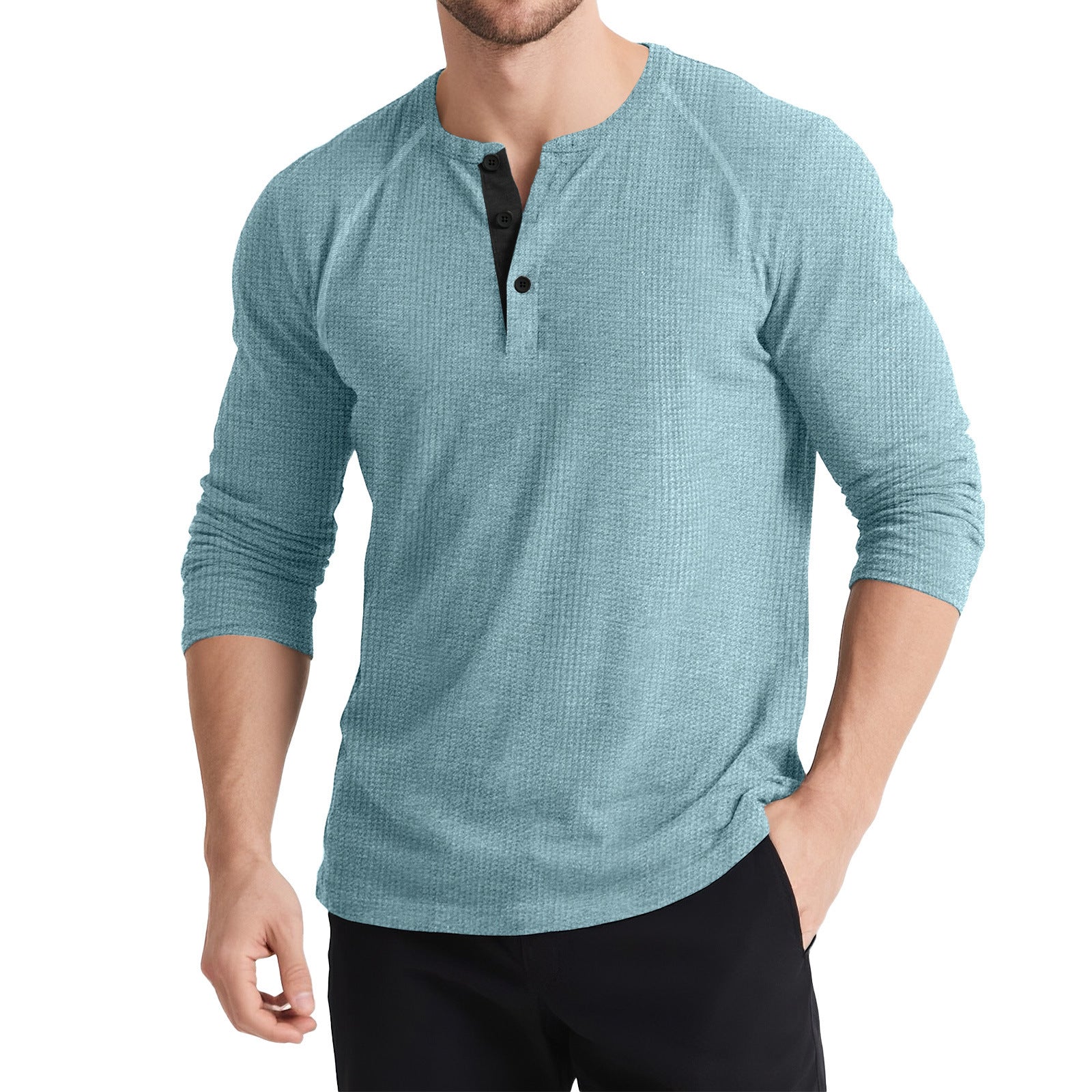 Men’s Retro Three-Button Color Block Sweater – Casual Cotton Blend Long Sleeve T-Shirt