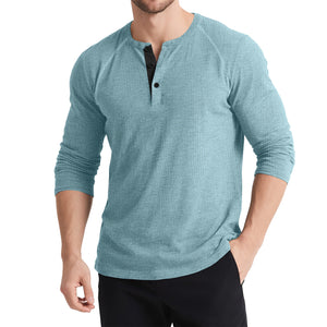 Men’s Retro Three-Button Color Block Sweater – Casual Cotton Blend Long Sleeve T-Shirt