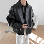 Men’s Korean Style PU Leather Baseball Jacket – Casual Loose-Fit Outerwear for Spring and Autumn
