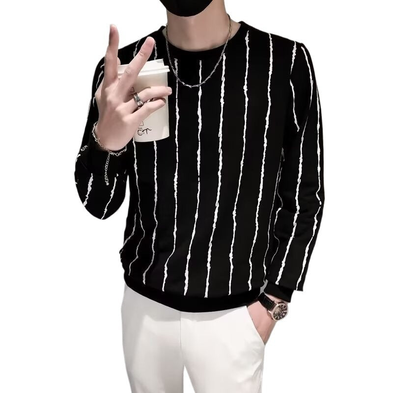 Men’s Niche Round Neck Slim-Fit Striped Sweater – Lightweight Corduroy Pullover for Casual Style