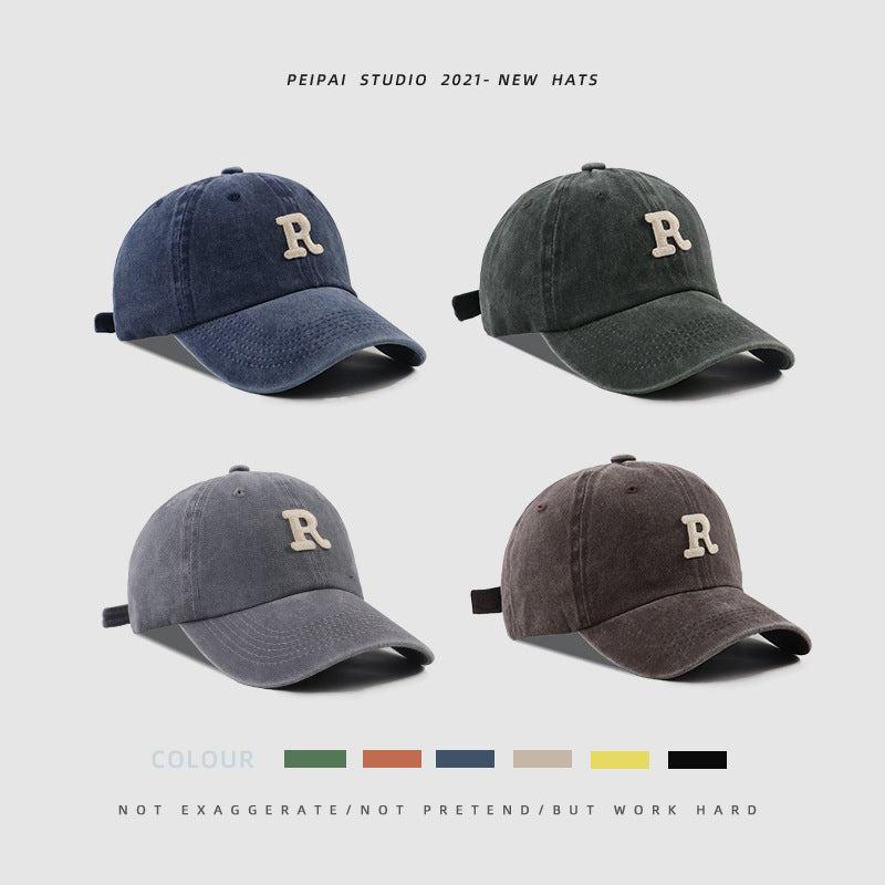 Washed Letter R Baseball Cap – Casual Cotton Patch Sun Hat for Men & Women | Breathable Adjustable Dome Cap