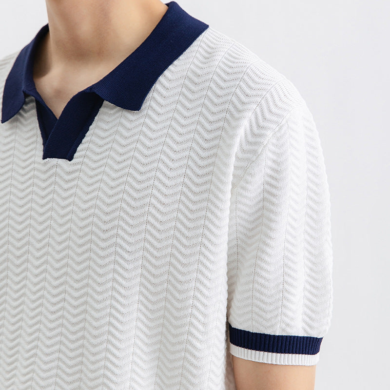 Men’s Ice Silk Polo Shirt | High-End Short Sleeve Striped T-shirt for Cool Summer Comfort