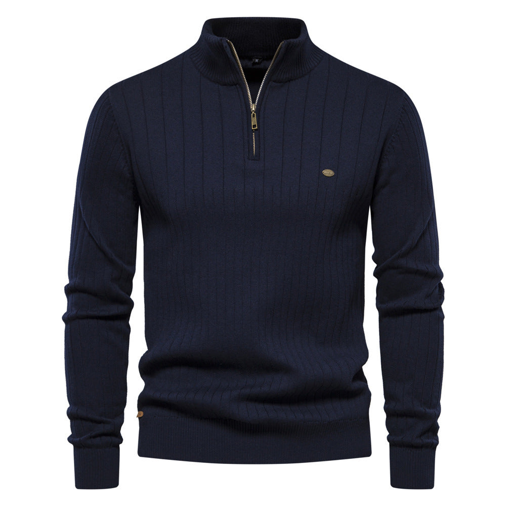 Men’s Stand Collar Half-Zip Sweater – Slim Fit Cotton Blend Pullover, Stylish Autumn Casual Top