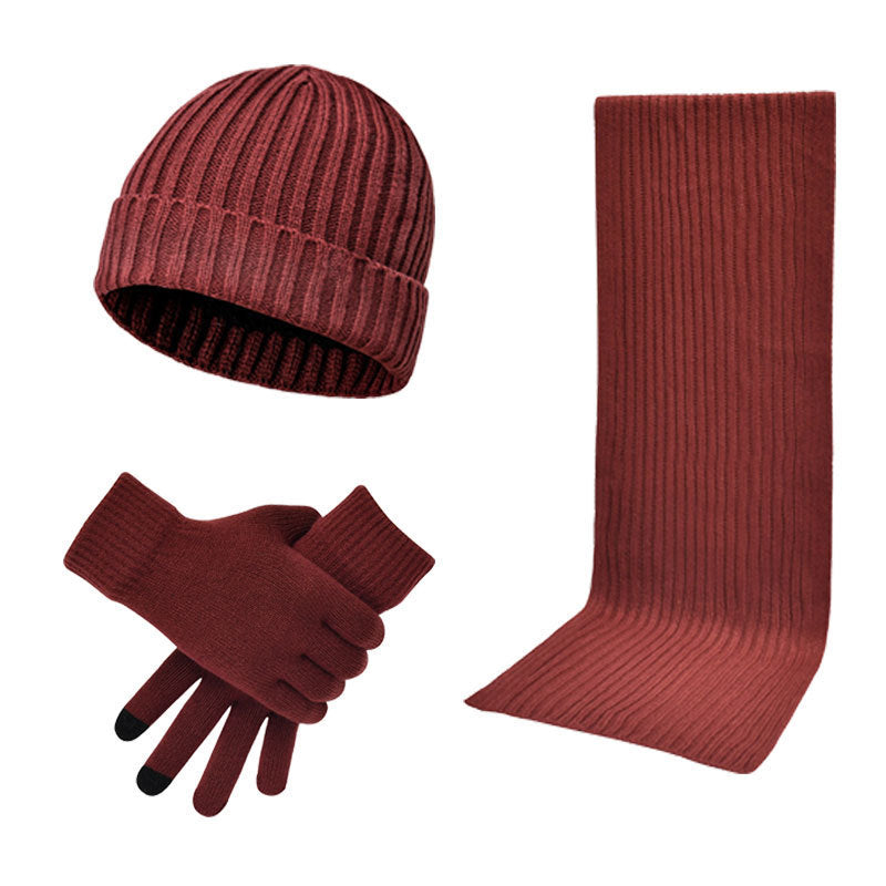 Men & Women Wool Hat Scarf Gloves Set – Thickened Knitted Winter Warm Three-Piece Set | Solid Color