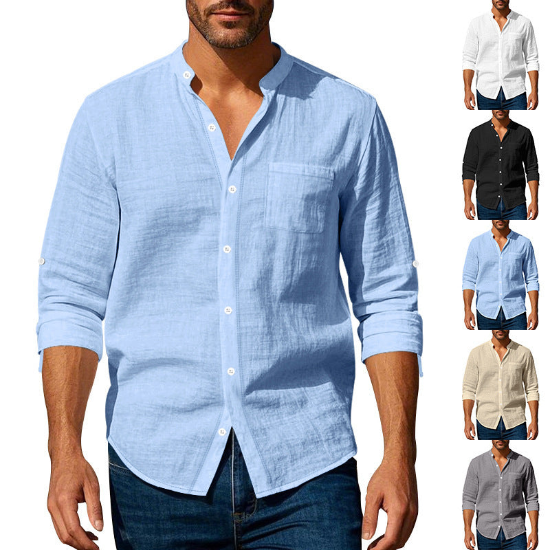 Men’s Long Sleeve Stand Collar Linen Shirt with Pockets – Casual Lightweight Button Down Top for Everyday Wear